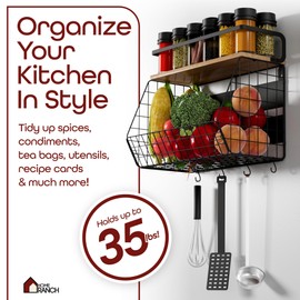 HomeRanch Set of 2 Magnetic Fridge Shelves, Black Metal & Light Oak Wood. Sleek Magnetic Rack Organizer for Spices, Condiments, Veggies, & More. Minimalist Magnetic Fridge Shelf, Storage Bin Basket.