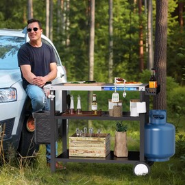 SKOK Stainless Steel Outdoor Grill Table, Grill Cart for Outside, Pizza Oven Table Stand with Magnetic Tool Holder, Wheels,Hooks, Side Tray &Handle