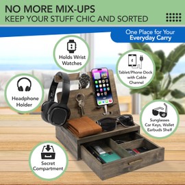 EcoLeafy Dot EcoLeafy Dot Nightstand Organizer- Rustic Bedside Organizer with Drawer for Cellphone, Watches, Headphone, Sunglasses, & Accessories- Makes an Ideal Gift for Dad or Son