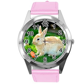 TAPORT Baby Pink Leather Round Quartz Watch for Rabbits Fans e2