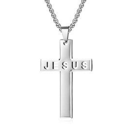 Silver Color, Stainless Steel Cross Necklace For Men - 24 Inch Jesus Cross Necklace, Mens Silver Cross Pendant Chain For Men w/ Plush Velvet Gift Box, Christian Necklace For Men & Boys