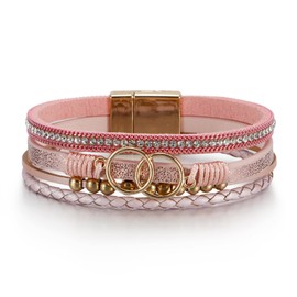 LSxAB Pink Multi-Layer Leather Wrap Bracelet for Women Gold Tone Colorful Bohemian Braided Wristbands Bracelets
