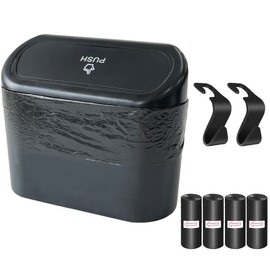 KITBEST Car Trash Can Bin with Lid, 60 pcs Trash Bags and 2 pcs Car Hooks. Mini Car Garbage Can, Dustbin Can Organizer Storage for Front Back Seat Accessories for Car Office Home