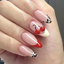Almond Press on Nails Medium Fake Nails French Tip with 3D Cherry Design Leopard Print Glossy Acrylic Full Cover Stick on False Nails for Women Fall Manicure 24 Pcs
