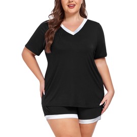 ForHailey Plus Size Pajamas for Women Set Bamboo Viscose V Neck Short Sleeve Summer 2 Piece Pjs Sets Comfort Black 3X-Large