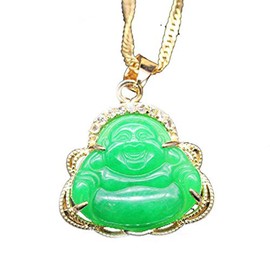 ZIS New Luck Happy Green Jade Buddha Pendant AAA CZ Laughing Buddha Statue Necklace Pendant (18K Gold Plated)