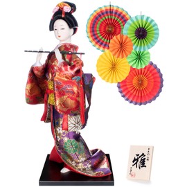 ALAMIYA Home Decoration Asian Japanese Geisha Kimono Doll Collectible Figurine Gift with Paper Fan Black