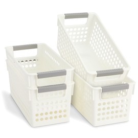 Farmlyn Creek 4 Pack White Plastic Baskets with Gray Handles, Narrow Storage Bins for Organizing, Kitchen Shelves, Small Nesting Containers (11.5 x 5 x 5 inch)