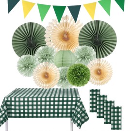 LiveGo 16Pcs Picnic Party Decorations Set, Party Supplies Include Pennant Banner, Hanging Paper Fans, Round Lanterns, Plastic Disposable Tablecloth for BBQ Picnic Wedding Birthday (Sage Green&Beige)