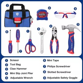 WORKPRO 9-Piece Kids Real Hand Tool Set Blue Junior Tool Kit with Storage Bag