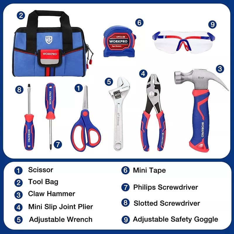 WORKPRO 9-Piece Kids Real Hand Tool Set Blue Junior Tool