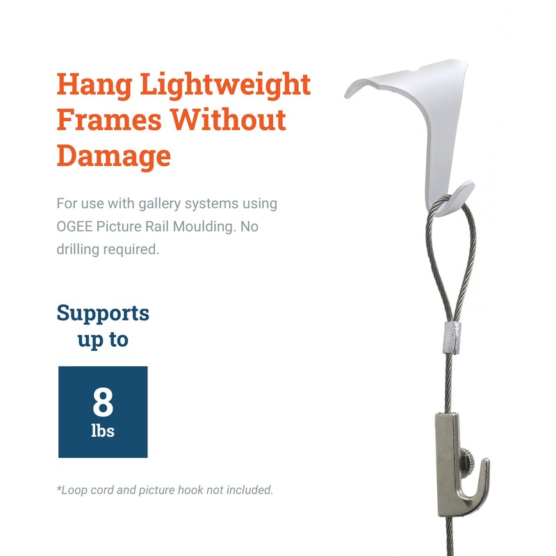 Picture Rail Hooks White - Supports 8 lbs - 10