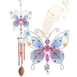 Campana de viento de mariposa, tono profundo, hecha a mano, con 4 tubos de aluminio, decoración exterior para jardín, patio, regalo para mamá (azul)