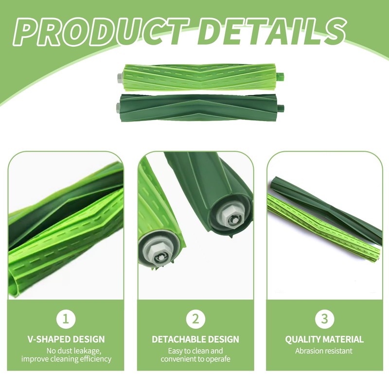 2 Sets Replacement Rubber Brushes Rollers Compatible with iRobot Roomba