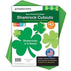 FreshCut Crafts 140 Piece Shamrock Cutouts Set: Pre-Cut Green Irish Clover Shapes for School Supplies, Decorating Themed Events Bulletin Board & St. Patrick's Day Decor, US Made Quality Card Stock