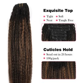 Sassina Kinky Straight Clip in Human Hair Extensions for Women Natural Black to Light Auburn Double Weft Clip in Hair Extensions 16 Inches 120g 7pcs