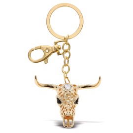 Aqua79 Longhorn Skull Keychain - Gold 3D Sparkling Charm Rhinestones Fashionable Stylish Metal Alloy Durable Key Ring Bling Crystal Jewelry Accessory With Clasp