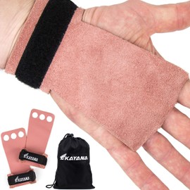 KAYANA 3 Hole Leather Gymnastics Hand Grips - Palm Protection and Wrist Support for Cross Training, Kettlebells, Pull ups, Weightlifting, Chin ups, Workout, & Exercise (Youth Pink, Small)
