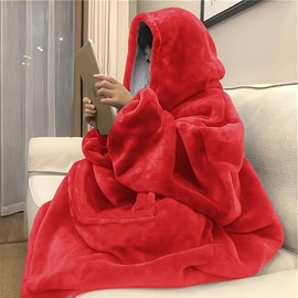 Soft Double-sided Wearable Hoodie Blanket Pajamas - Comfortable Over sized Hooded Blanket with Kangaroo Pockets, Machine Washable Christmas Gifts Valentine's Day, Suitable for Office, Festival, New Year's Gift - Color: 【Red】