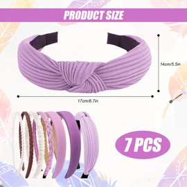 Beaded Non Slip Headbands for Women, 7 Pack Knotted Plastic Hairbands, High Cranial Top Fit, Fashion Elastic Hair Accessories, Perfect for Washing Face Daily Use (Purple, One Size)