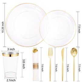 MirthMood 350PCS Clear Gold Plates for 50 Guests,Clear Disposable Dinnerware set Include: 50 Dinner Plates, 50 Salad Plates, 50 Rolled Napkins with Silverware and 50 10OZ Cups for Wedding & Party