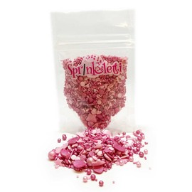 Sprinkletti – Pink Mix - Mini Pouch - 30g. This beautiful mix of pink and dark pink shapes and sprinkles is ideal for all of your themed cakes and bakes. (Pink Mix)