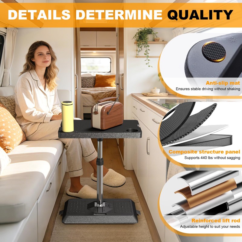 HIYOUGO Foldable RV Table, 360° Rotatable C-Shaped Side Table, Adjustable