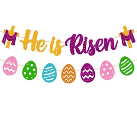 He is Risen Banner Easter Party Decorations Religious Crosses Jesus Faith Church Spring Easter Egg theme for Risen Christ Party Supplies (Purple)