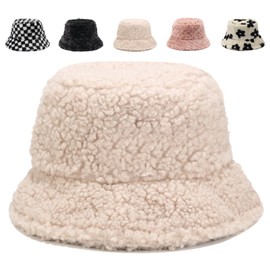 Gadfary Bucket Hat Women Furry Fuzzy Bucket Hats for Ladies, Winter Warm Fluffy Plush Faux Fur Hat for Women (Solid Beige)