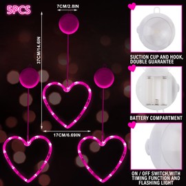 Baquler 5 Pcs Timed Valentine's Day Window Lights Hanging Red Heart Lights with Suction Cup Battery Operated Heart LED Light for Valentine's Day Anniversary Wedding Home Decor(Pink)
