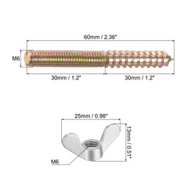 sourcing map M6 Wing Nuts Butterfly Nut Silver Tone 10pcs and M6x60mm Hanger Bolt Double Headed Screw 10pcs