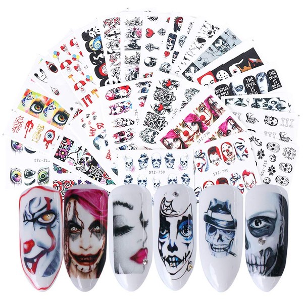 25 Sheets Halloween Nail Stickers Day of the Dead Water Transfer Nail Stickers Skull Ghost Eye Hulk Clown Witch Nail Art Stickers Halloween Party Supplies Nail Tips Charms Decoration