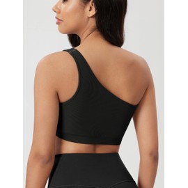 ODODOS Seamless One Shoulder Sports Bra for Women Ribbed Asymmetrical Non Padded Yoga Crop Tank Tops, Black, Large