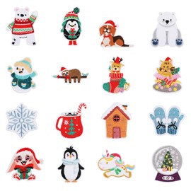 16pcs Christmas Iron On Patches, Winter Themed Reindeer Snowflake Sew On Embroidered Applique Cute Animals Repair Badges DIY Craft Accessories for Clothing Jacket Backpack Hat Shoes Decorative