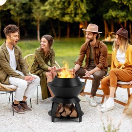 Tangkula Outdoor Fire Pit, 20 Inch Metal Fire Bowl with Pot Holder & Storage Shelf, Smokeless Oxygen-Enriched Burning, 3-in-1 Wood Buring Firepit Fireplace for Patio, Camping, BBQ, Backyard