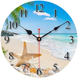 Toudorp 14 Inch Coastal Ocean Wall Clock with Seashell Design and Palm Tree Beach Theme - Battery Operated Silent Wall Decor for Home, Kitchen, Living Room, Office, Bedroom