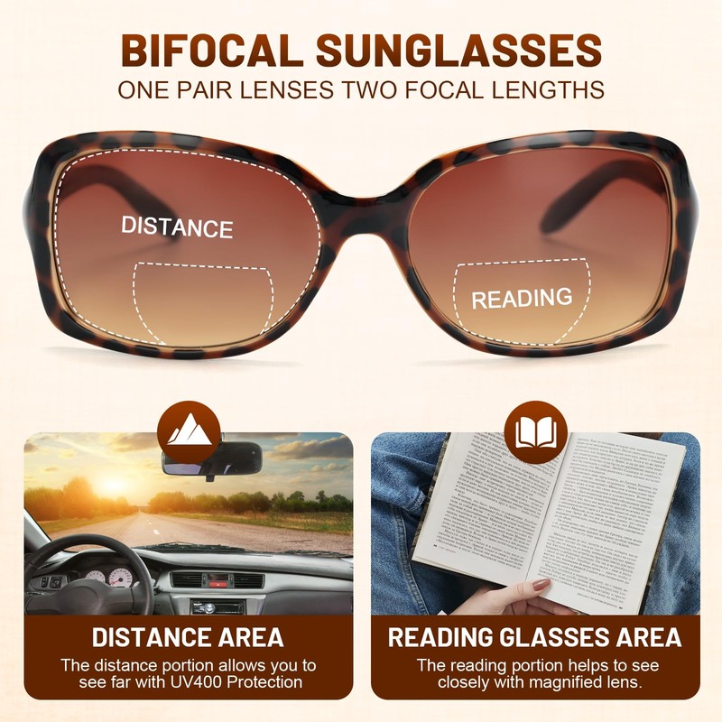 JiSoo Reading Sunglasses 1.5 Bifocal Sunglasses for Women, Retro Square