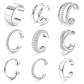 JeweBella 9pcs Ear Cuff No Piercing Earrings - 14K Gold Plated, Adjustable Clip On - Gold/Silver/Black/Rose Gold