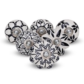 FURNISHFUL FINESSE Black & White Cabinet Knobs Ceramic Assorted knobs for Drawers Cupboard and Wardrobe Furniture Door Pull Handles for Dresser Kitchen Wardrobes Boho Home Interior Decor - Pack of 25