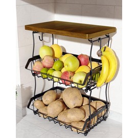 OKZEST 3-Tier Fruit Basket for Kitchen Counter with Banana Hangers, Countertop Organizer Fruit Bowls with Wood Top, Fruit Storage Basket Stand for Storage Potato Onion Bread Snack Fruit Veggie