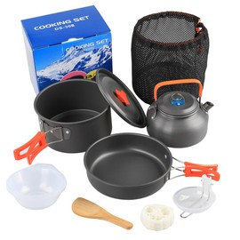 AIMALL Outdoor Camping Cookware Set DS-308, Portable Alumina Teapot and Pots with Accessories, Compact Combination for Hiking and Picnics, Orange and Black