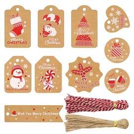 Suofuolef Pack of 100 Christmas Gift Tags, 100 Different Design Kraft Paper Tags with Cotton Cord and Twine for Party Gift Tags and Christmas Gift Decoration