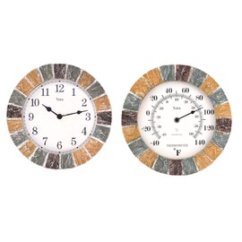 Lily's Home Indoor or Outdoor Large Hanging Wall Clock and Thermometer Set. Made of Durable Polyresin Plastic. 10" Inch Diameter. (Stone)