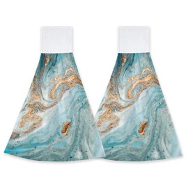 CIAIDU Golden and Turquoise Marble Texture Hand Towels Hanging Kitchen Towels 2 PCS Dish Towel Fast Drying Hanging Tie Towels for Bathroom Home 12x17 Inch