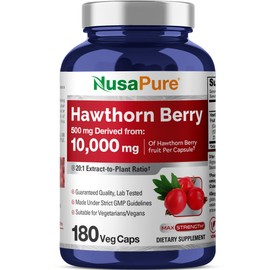 NusaPure Hawthorn Berry 20:1 Extract, 500 mg Equivalent to 10,000 mg 180 Veg Caps, Suitable for Vegetarians, Vegan, Non-GMO Dietary Supplement