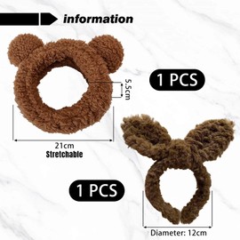 1 Piece Bear Headband And 1 Piece Rabbit Headband, Cute Plush Hair Accessories, Absorbent Hairband, Suitable For Face Washing, Skin Care, And Makeup.