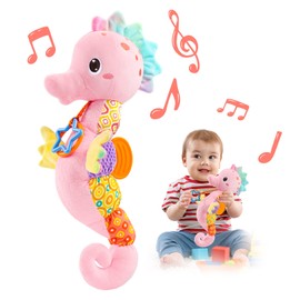 LIGHTDESIRE Baby Toys Musical Seahorse,Infant Stuffed Animal Toys with Crinkle and Rattles,Soft Sensory Toys with Textures for Tummy Time Newborn Boys Girls 0 3 6 12 Months(Pink)