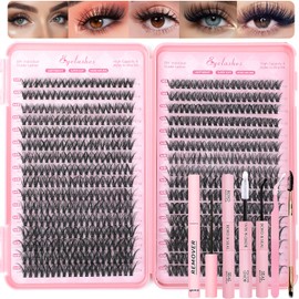 Lash Clusters Kit, 640 Pcs Eyelashes Clusters Extensions Kit 9-16mm Individual Lashes D Curl Fluffy Wispy False Eyelashes Thin Band, with Bond Seal Tweezers Brush DIY (40D-50D Kit)