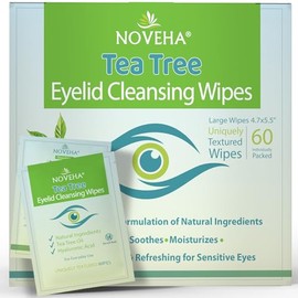 NOVEHA 60 toallitas de aceite de árbol de té para párpados y pestañas, con ácido hialurónico, té verde y manzanilla para blefaritis, picazón y ojos de