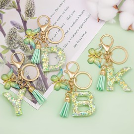Frundoo Key Chain Letter Keyring Girl Keyring with Initial Letter Green Key Ring Butterfly Gifts for Women, Green-E